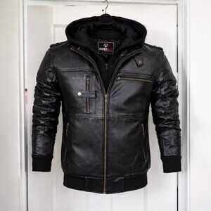 RIDERACT® Men's Black Leather Motorcycle Jacket with Hood Biker Motorbike Riding